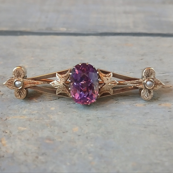 Antique Victorian 14K Yellow Gold Amethyst Bar Brooch Pin 5.7 Grams 1.8" - Picture 4 of 16